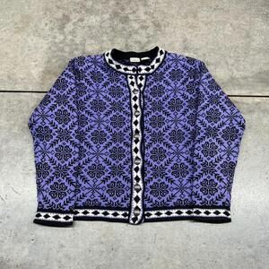 vintage l.l. bean purple black snowflake fair isle button down sweater